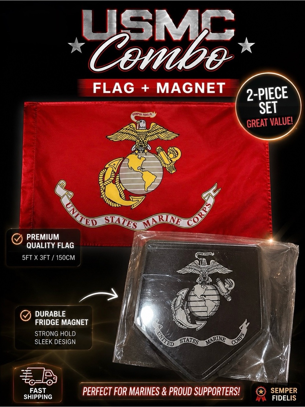🇺🇸 🫡 USMC Red Flag + Fridge Magnets | Proud Supporter of The US MARINES-🦅  ⚓️
